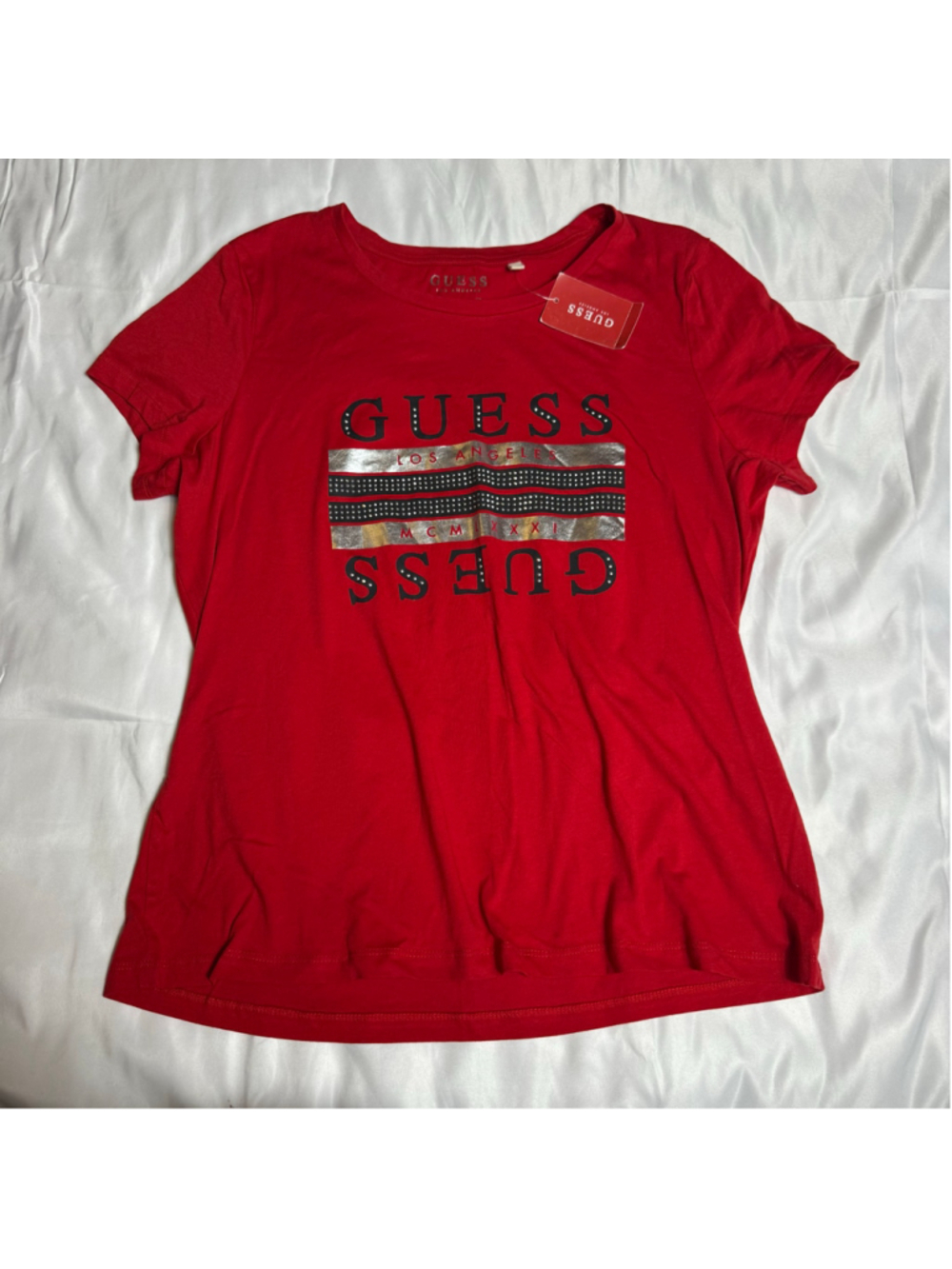 Women's Guess Red Short Sleeve Logo Graphic Tee, Size XXL